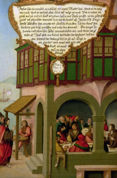 Jesus isst mit den Zöllnern und Sündern (Matthäus 9, Markus 2, Lukas 5) Abschnitt des Flügelpanels vom Mompelgarter Altar von Matthias Gerung or Gerou